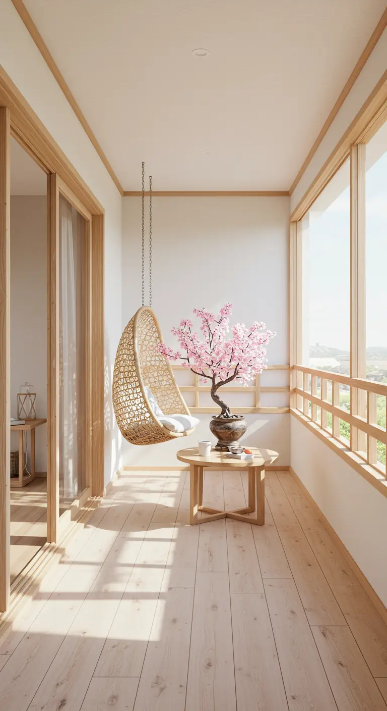 Balcón luminoso con silla colgante de mimbre y un bonsái de cerezo en flor.