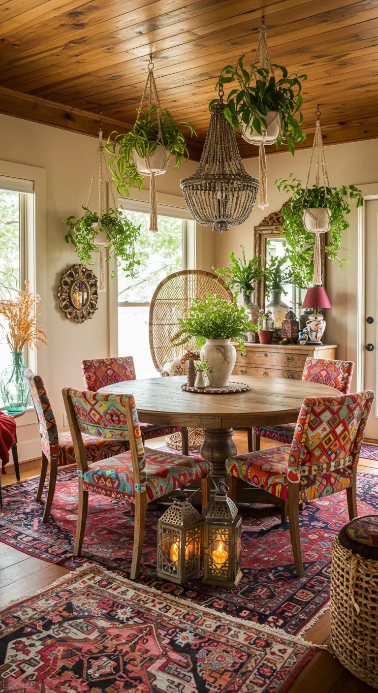 Comedor bohemio con techo de madera, plantas colgantes y sillas con tapizados de colores