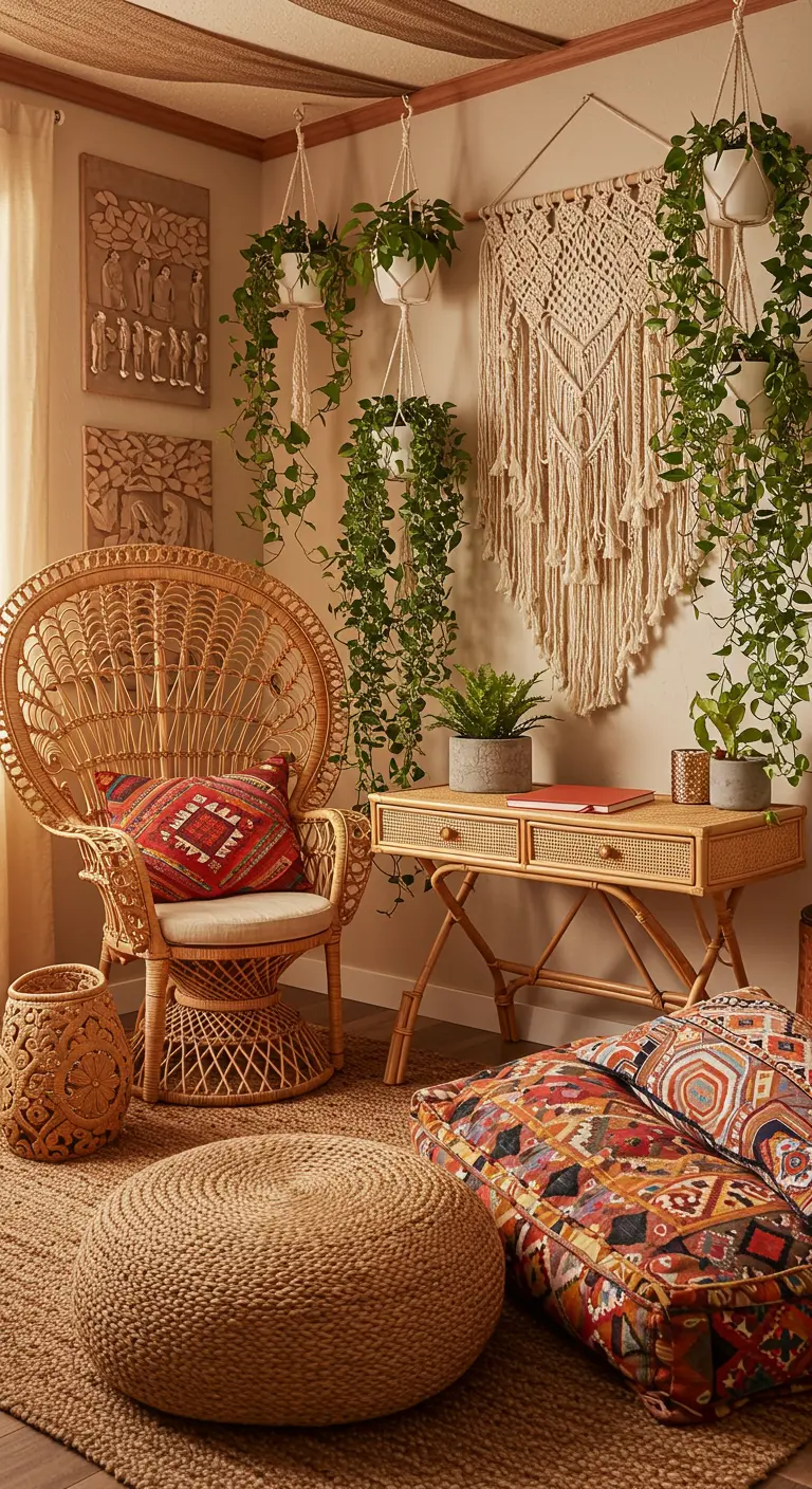 Rincón de trabajo bohemio con silla pavo real de ratán, macramé y muchas plantas colgantes.