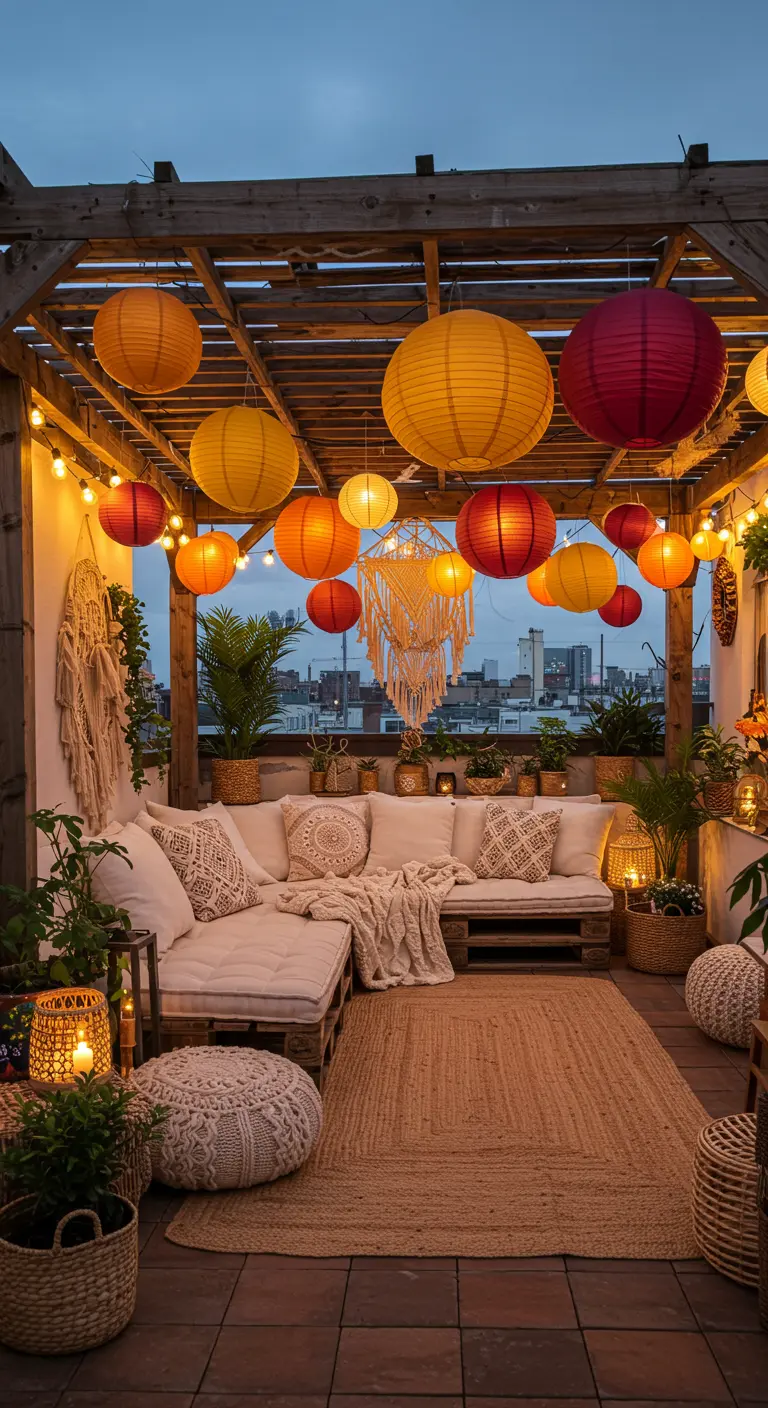 Terraza bohemia con pérgola de madera, sofá de palets y lámparas de papel naranjas y rojas