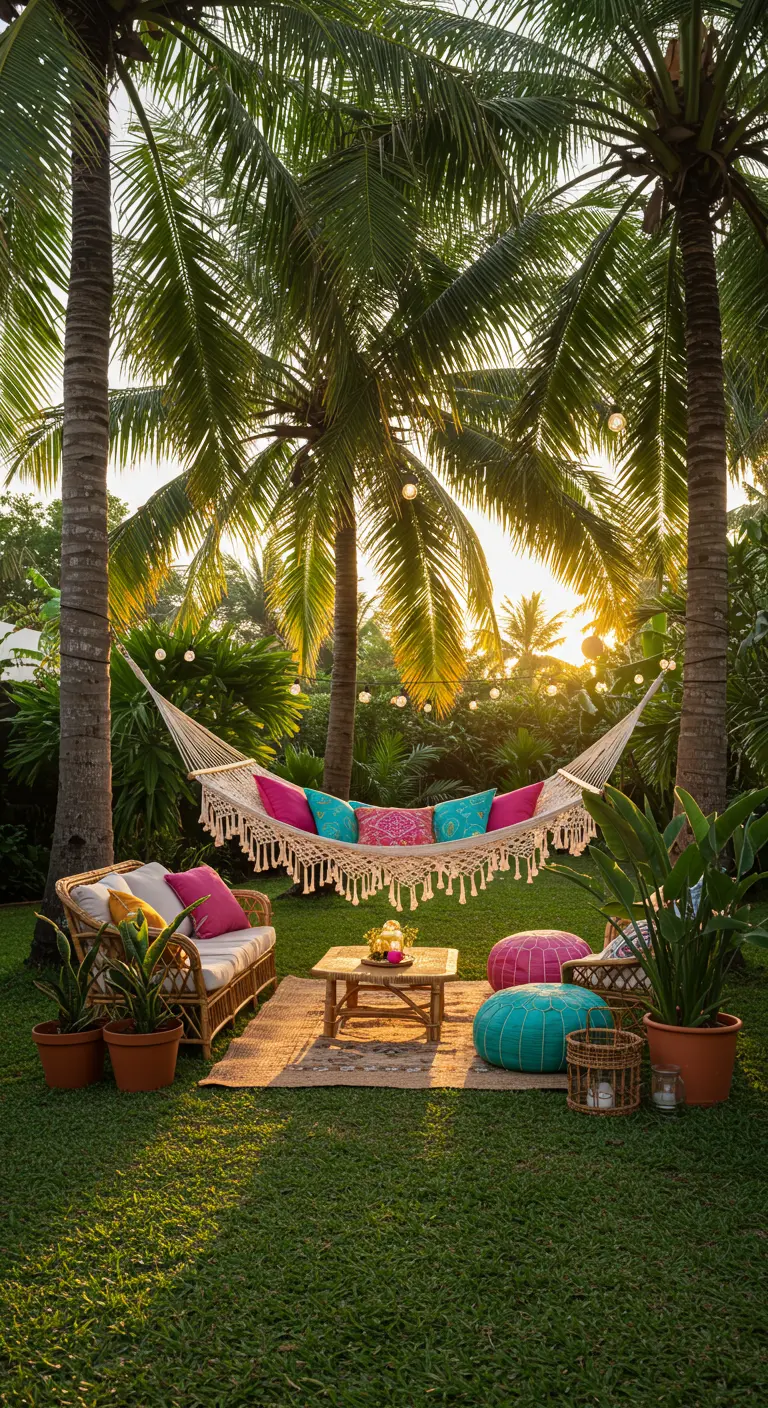 Jardín tropical con hamaca de macramé, cojines fucsias y turquesas, y luces colgantes.
