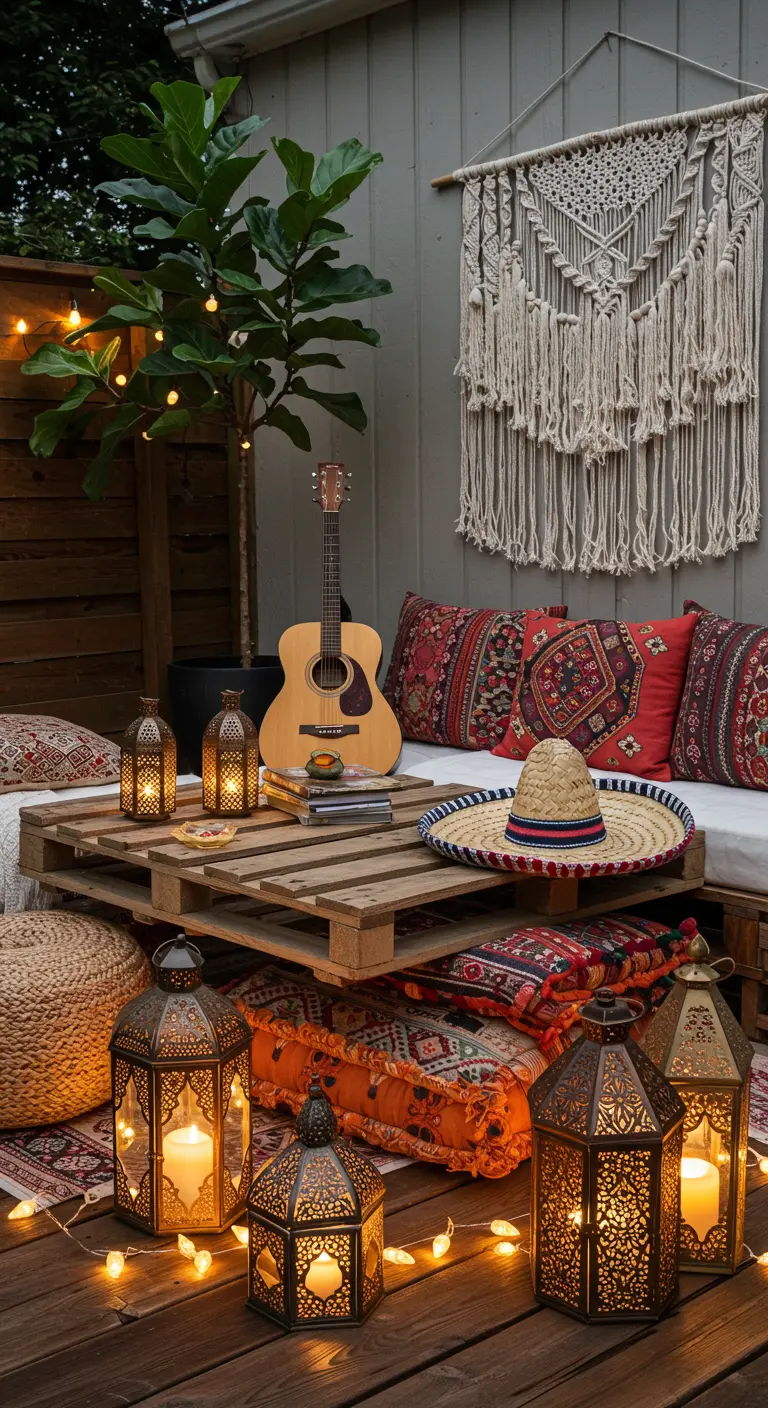 Patio de estilo bohemio con sofá de palets, cojines étnicos, faroles y un tapiz de macramé.