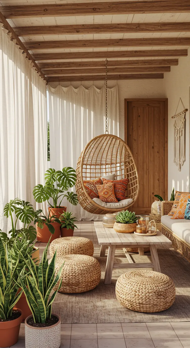 Porche de estilo boho con sillón colgante de ratán, muchas plantas y cortinas de lino crudo.