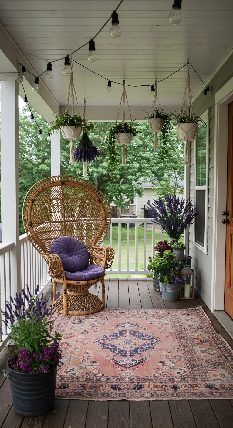 Porche de estilo boho con una silla de mimbre, cojín lavanda y plantas colgantes en macramé.