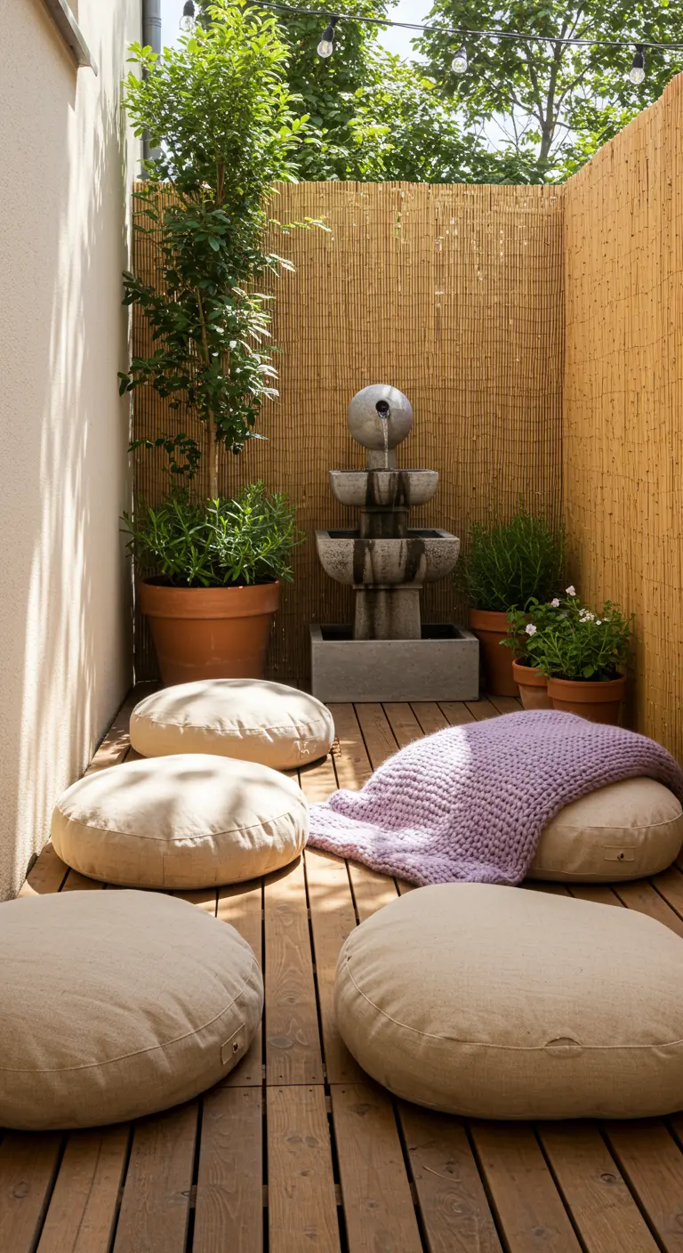 Patio de madera con valla de bambú, fuente de agua y cojines de suelo.