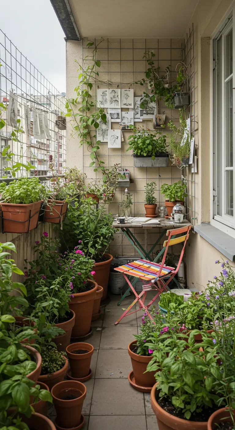 Balcón estrecho convertido en un jardín vertical con una silla de colores y muchas plantas.