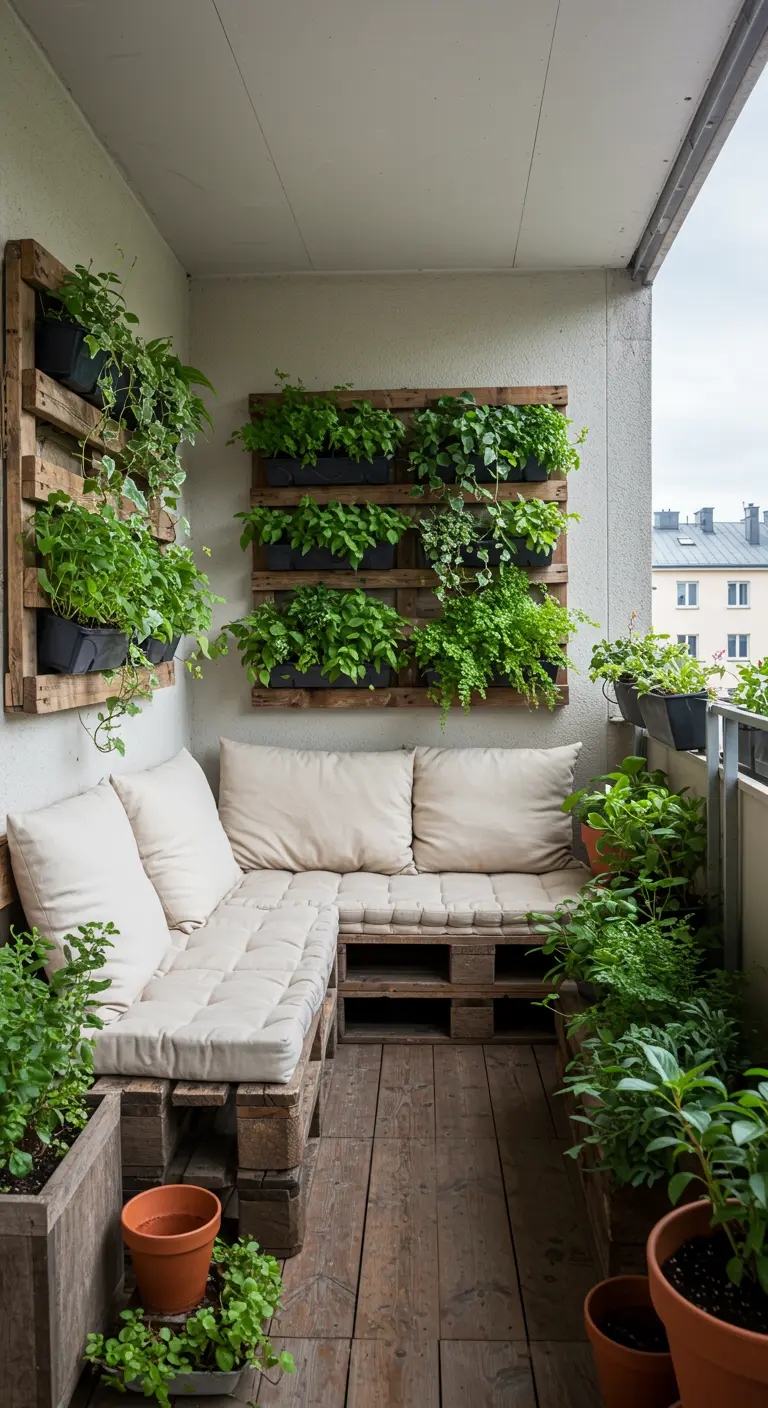 Acogedor balcón con un sofá esquinero de palets y jardines verticales hechos con palets reciclados.