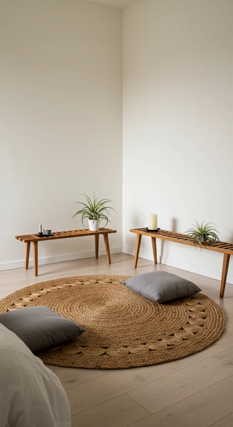 Rincón de meditación minimalista con bancos bajos de madera, alfombra de yute y plantas de aire.