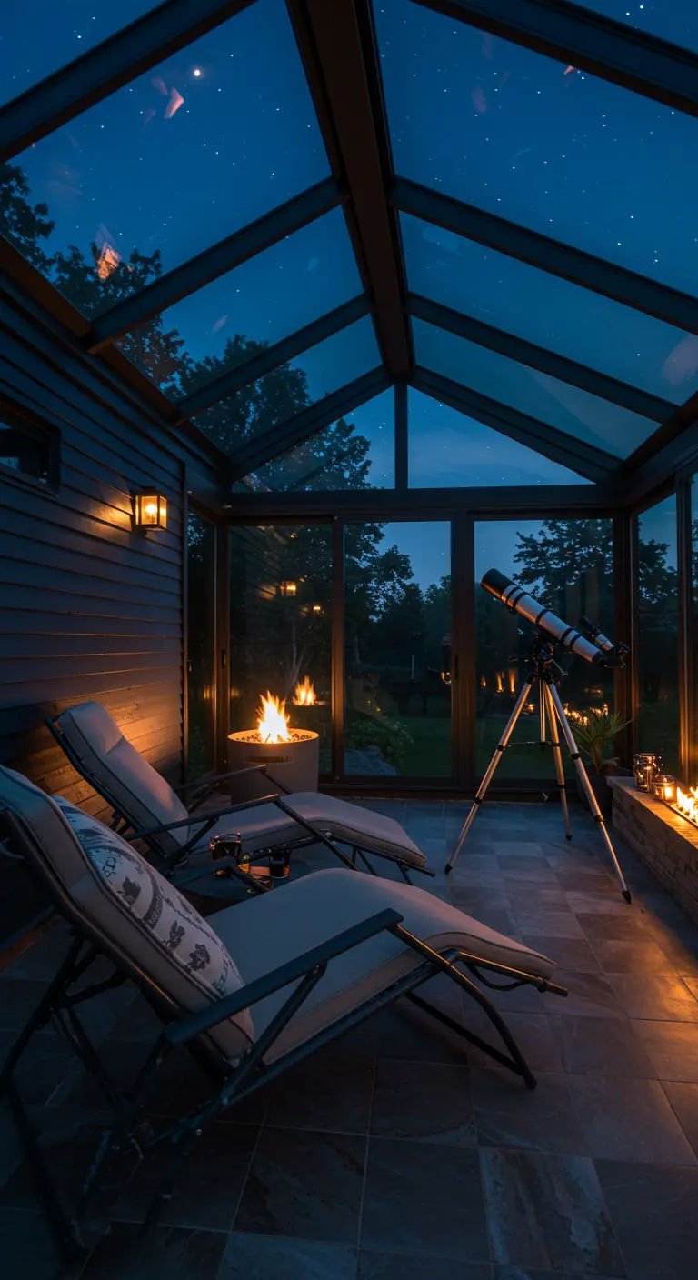 Porche cerrado con techo de cristal, perfecto para ver las estrellas de noche con un telescopio.