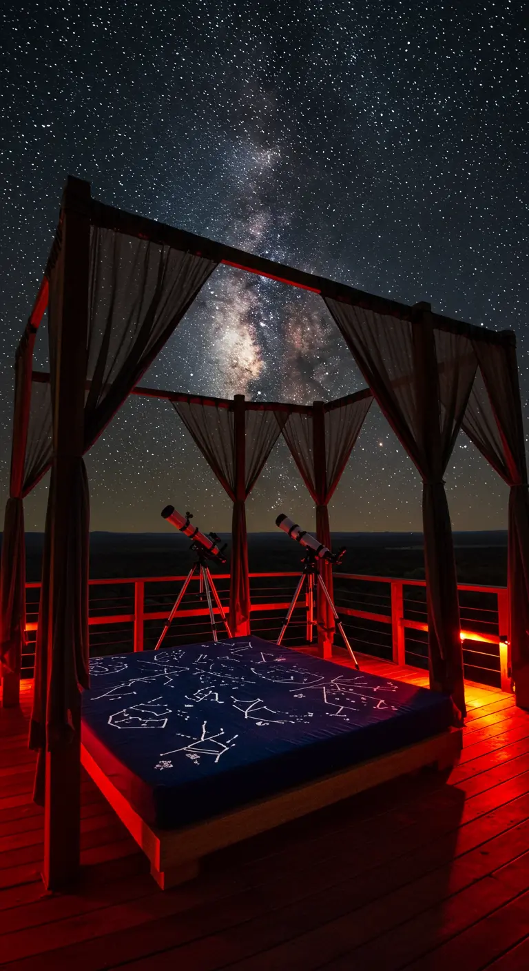 Cama balinesa en una terraza de madera de noche, con telescopios y vistas a la Vía Láctea.