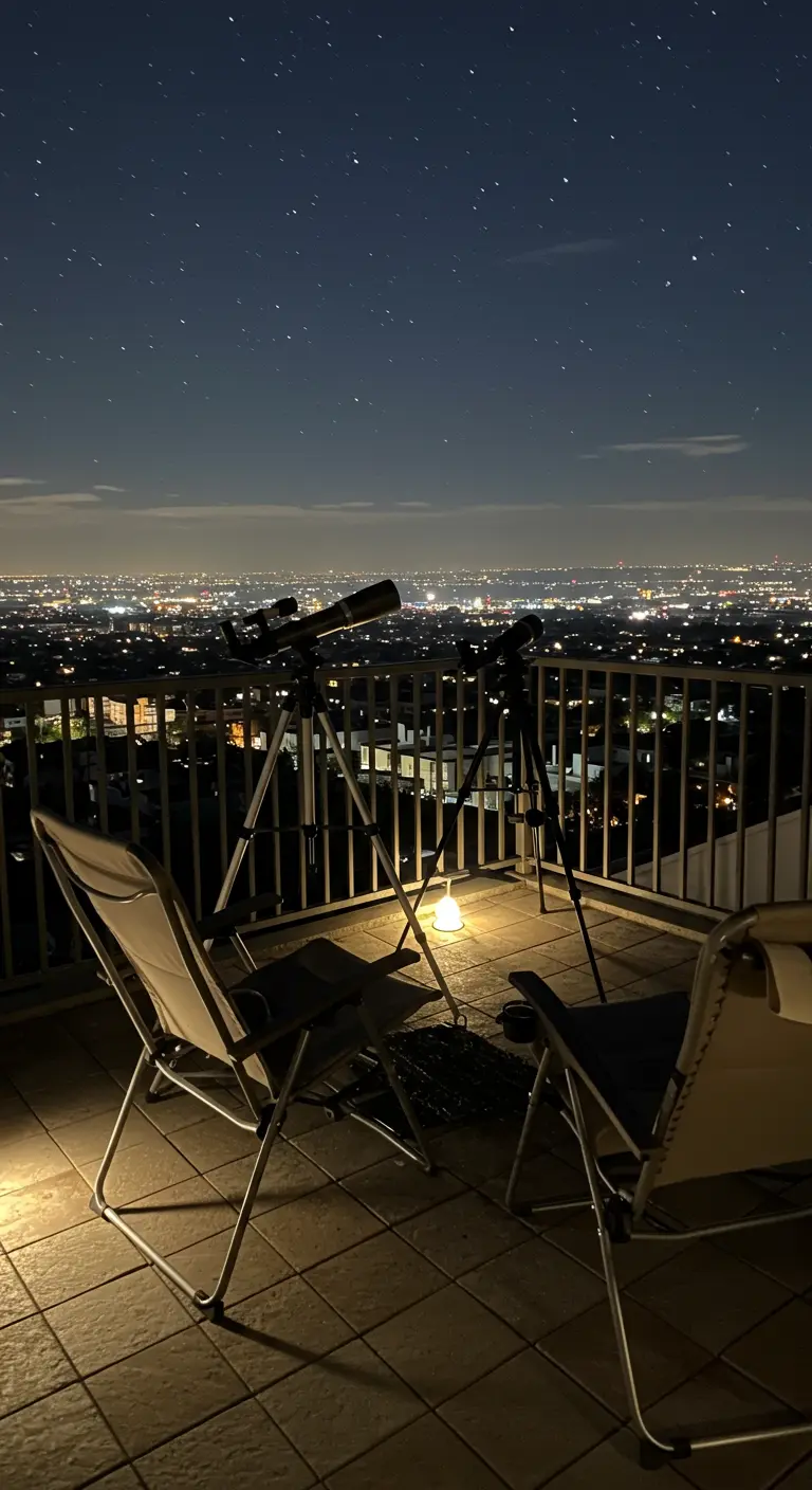 Dos sillas plegables en una terraza de noche con telescopios apuntando al cielo estrellado.