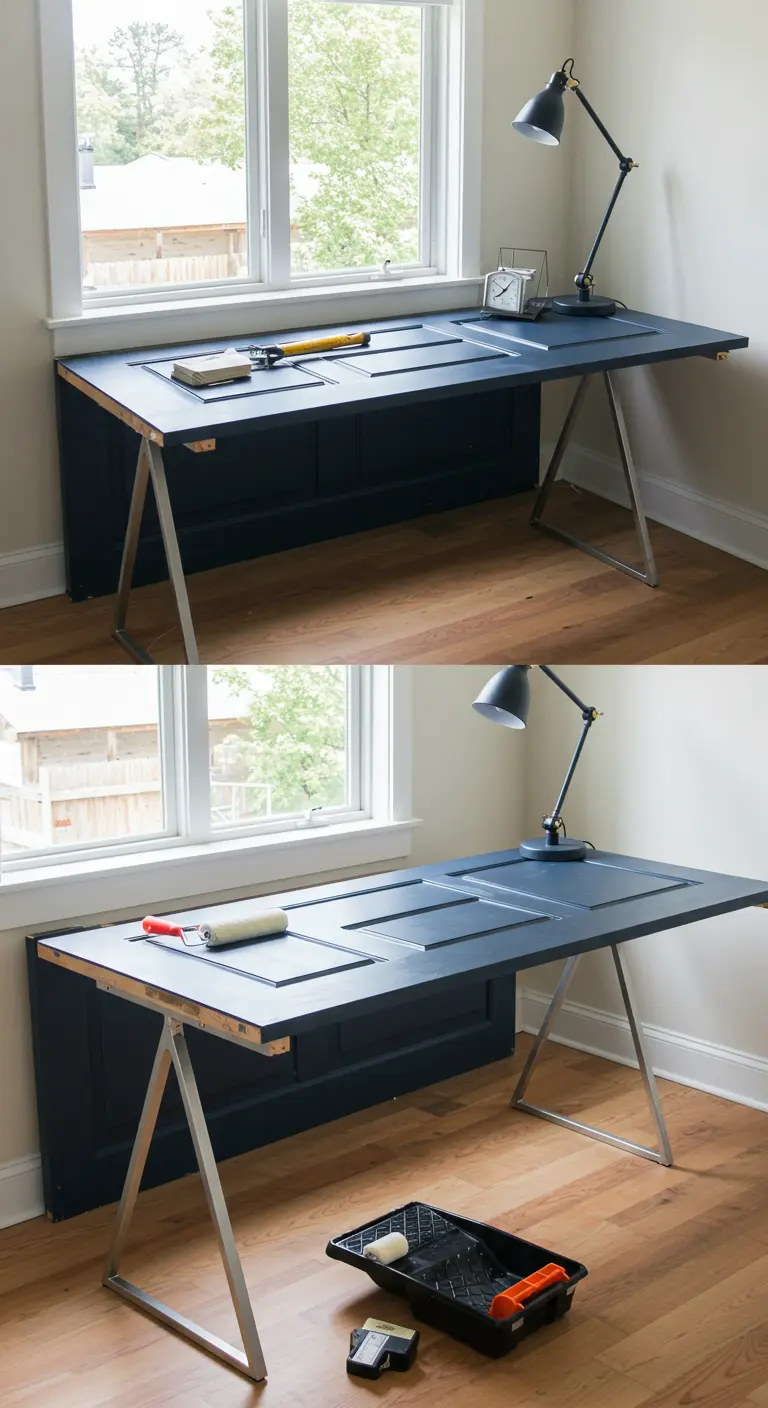 Escritorio hecho con una puerta pintada de azul oscuro y apoyada sobre caballetes metálicos.
