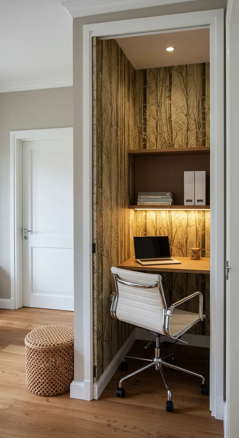 Oficina compacta dentro de un armario forrado con papel tapiz de bosque y luz cálida.