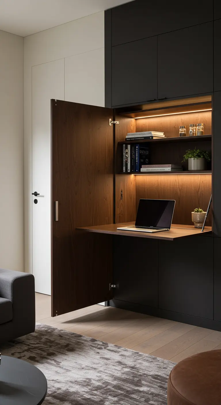 Escritorio plegable de madera oscura integrado en un armario negro con iluminación LED cálida.