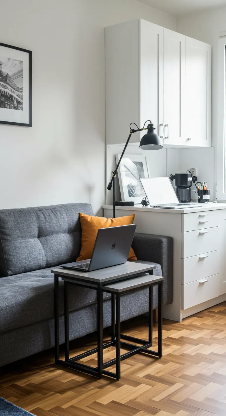 Mesas nido metálicas usadas como soporte para un portátil junto a un sofá gris