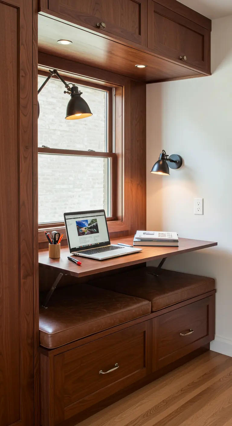 Pequeño escritorio plegable junto a una ventana con asientos de cuero y almacenamiento inferior.