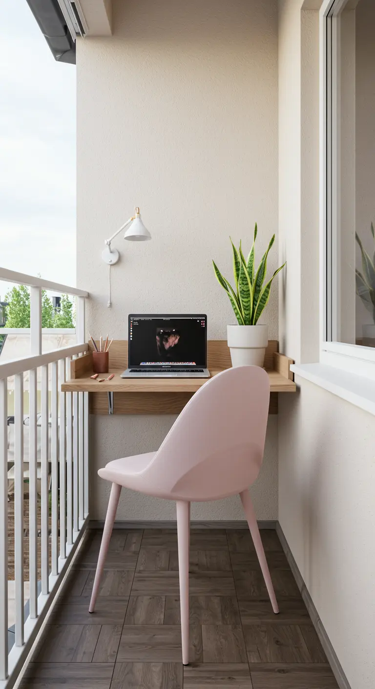 Pequeño balcón convertido en oficina con un escritorio plegable de pared y una silla rosa pastel.