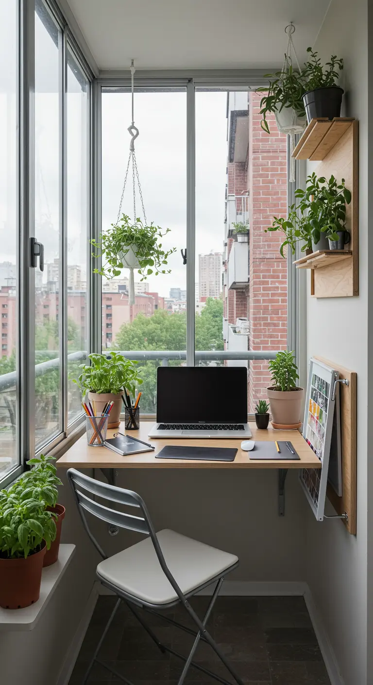 Pequeña oficina en un balcón acristalado con un escritorio plegable y muchas plantas colgantes
