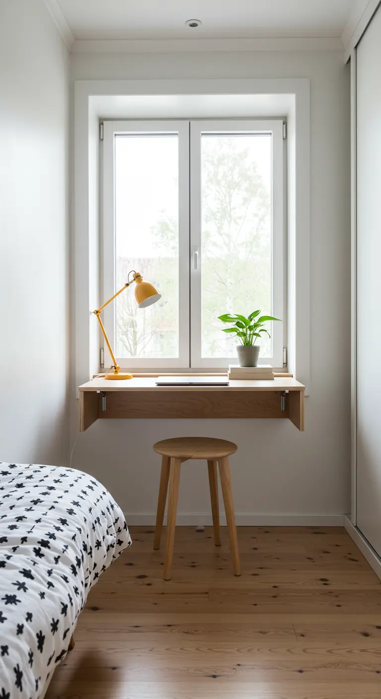Escritorio flotante de madera clara bajo una ventana, con lámpara amarilla y una pequeña planta.