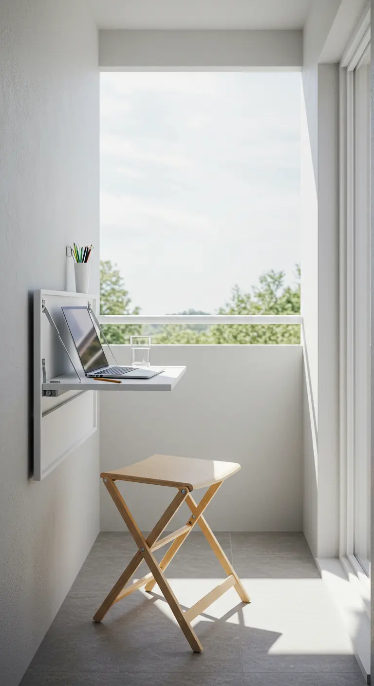 Escritorio blanco plegable montado en la pared de un balcón minimalista con un portátil.