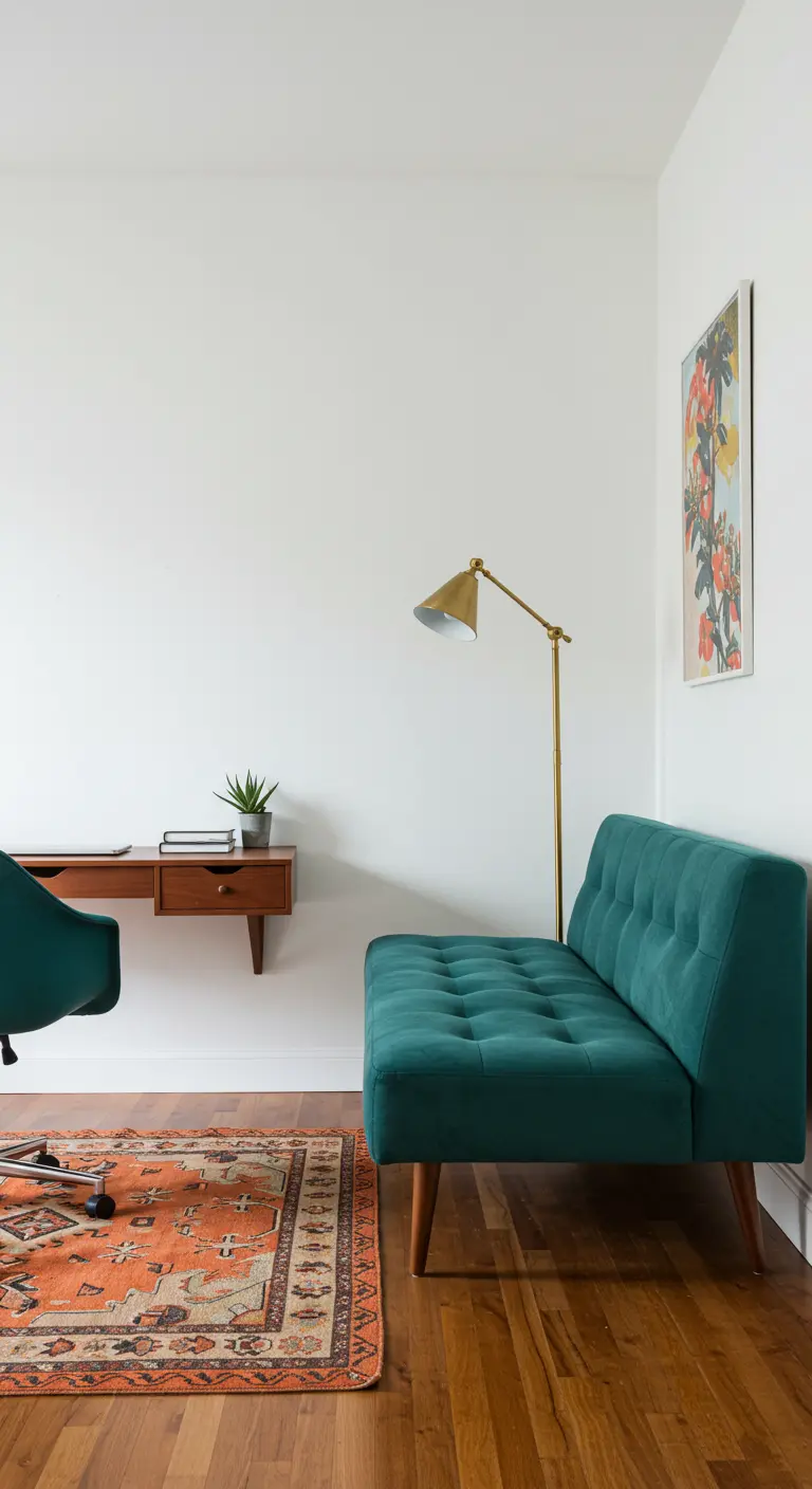 Sofá cama de terciopelo verde azulado en una oficina moderna con escritorio de madera y silla de diseño.