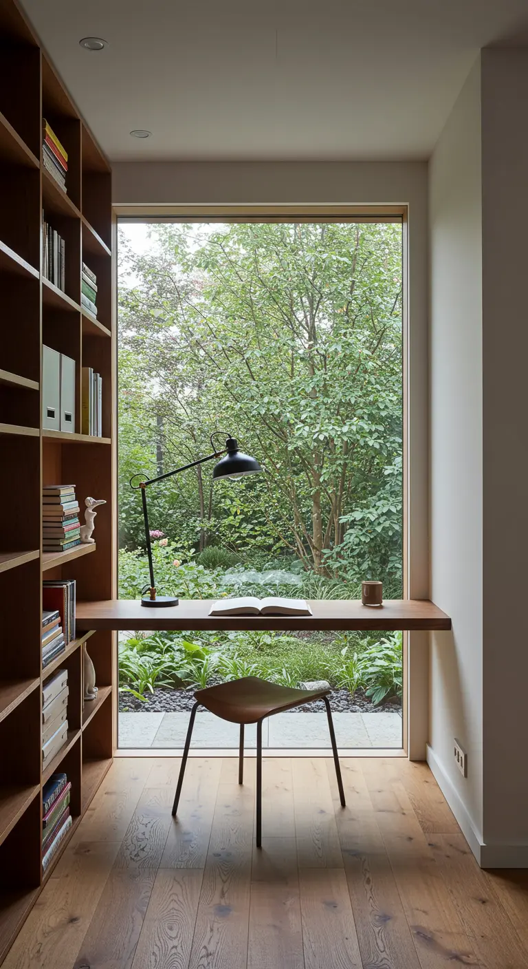 Escritorio de madera flotante integrado en una gran ventana con vistas al jardín, rodeado de librerías.