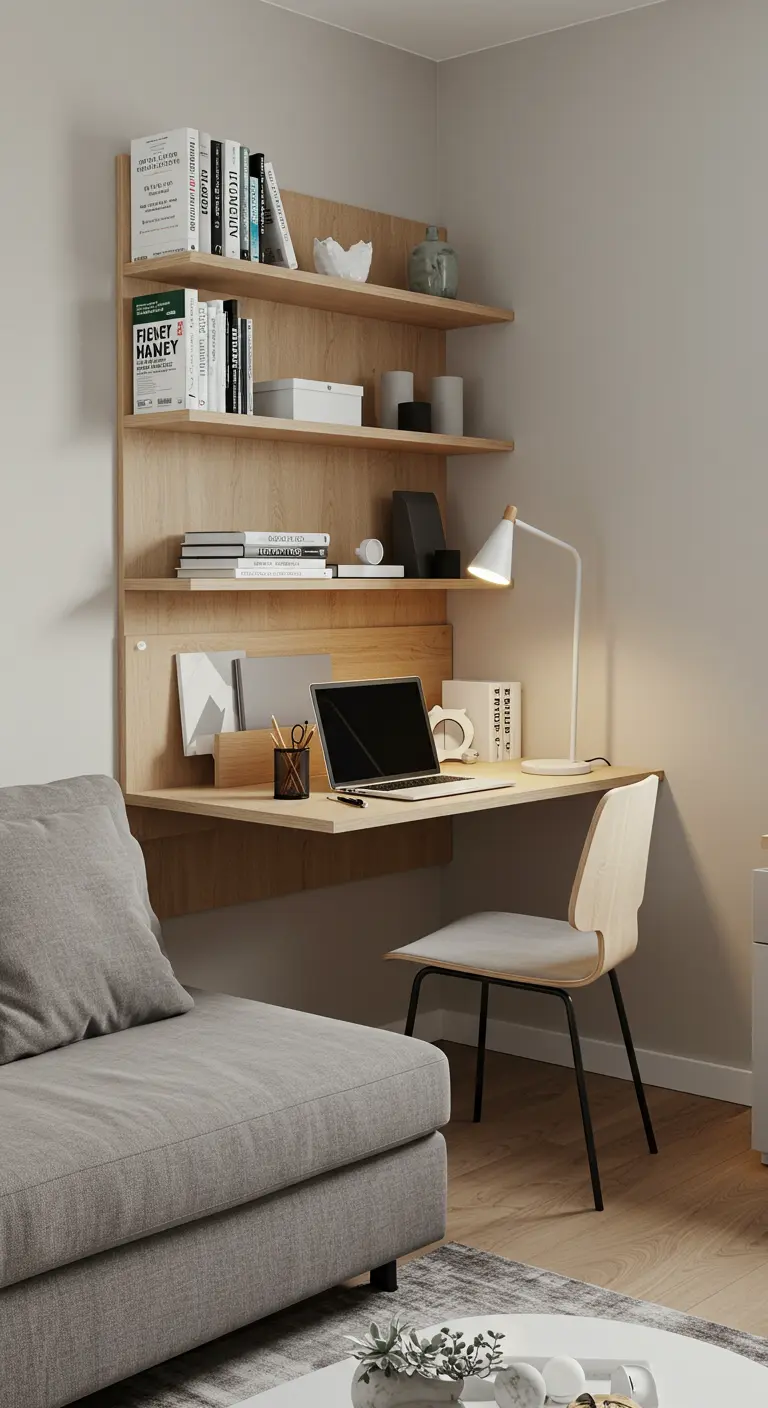 Un sistema de estanterías de madera con un escritorio integrado para una oficina en casa compacta.