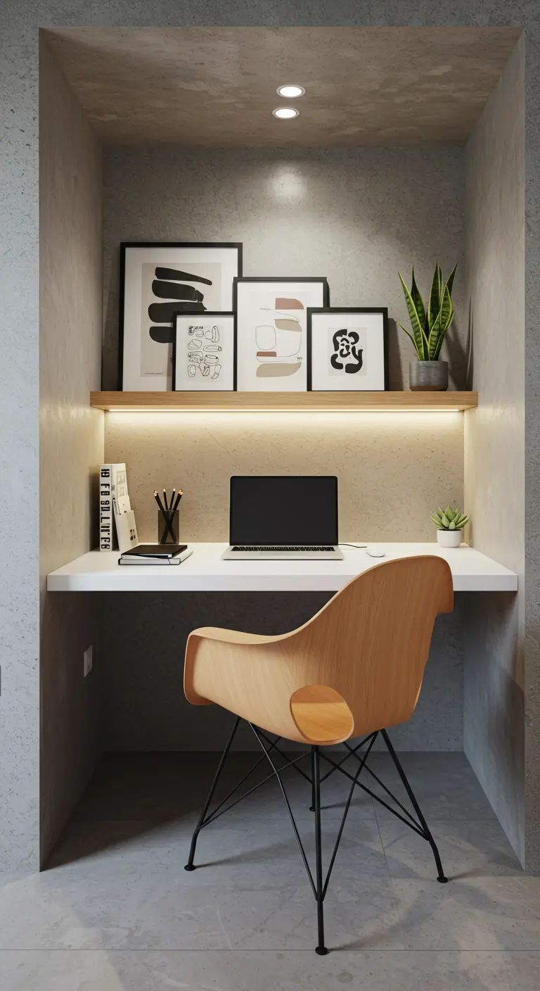 Oficina compacta en un nicho de pared de cemento pulido, con escritorio y estante flotante de madera