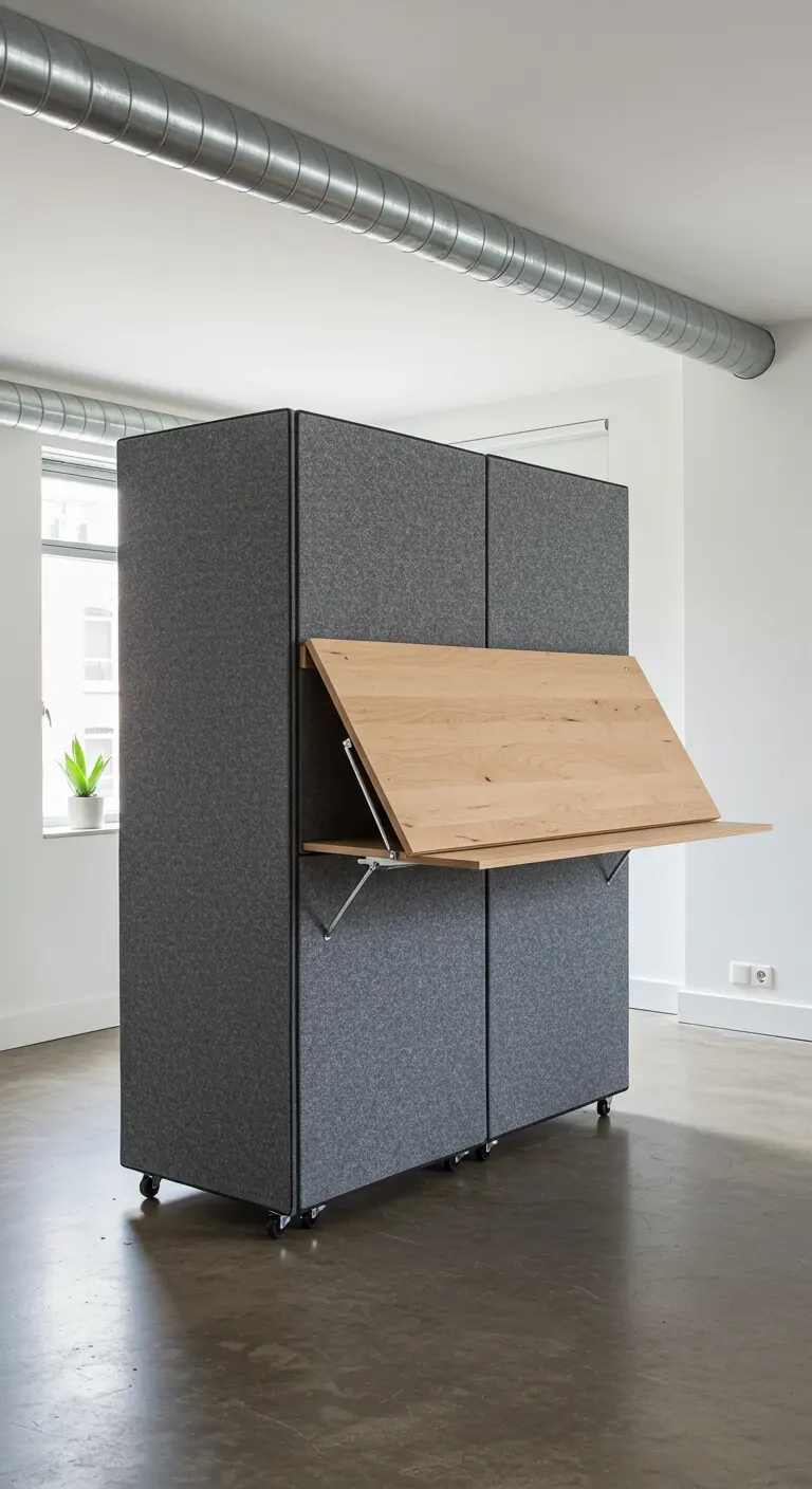 Separador de ambientes móvil de fieltro gris con un escritorio de madera abatible integrado.