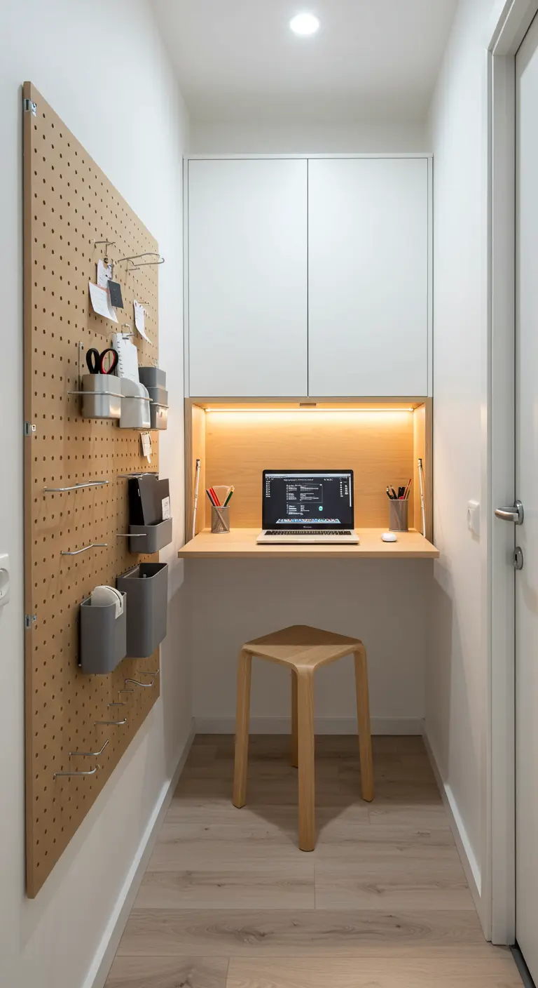 Oficina compacta en un pasillo con escritorio plegable y panel organizador.