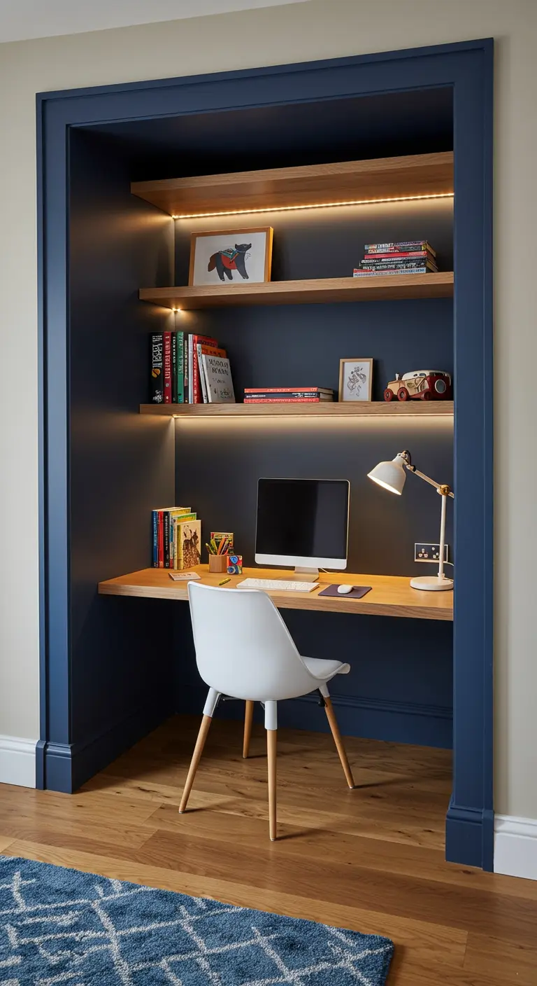 Un armario convertido en una oficina, pintado de azul oscuro con estantes de madera e iluminación cálida.