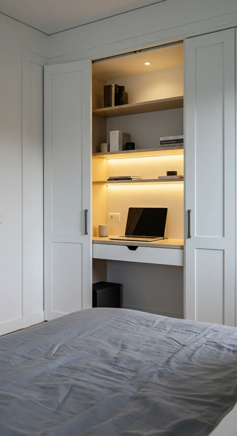 Oficina oculta en un armario blanco con iluminación LED cálida y estantes de madera clara.
