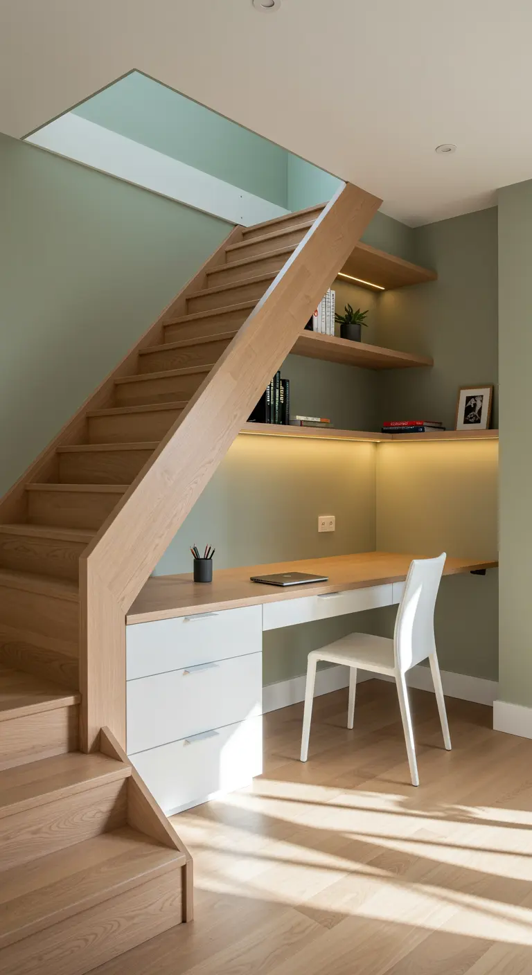 Oficina minimalista bajo una escalera de madera con pared verde salvia