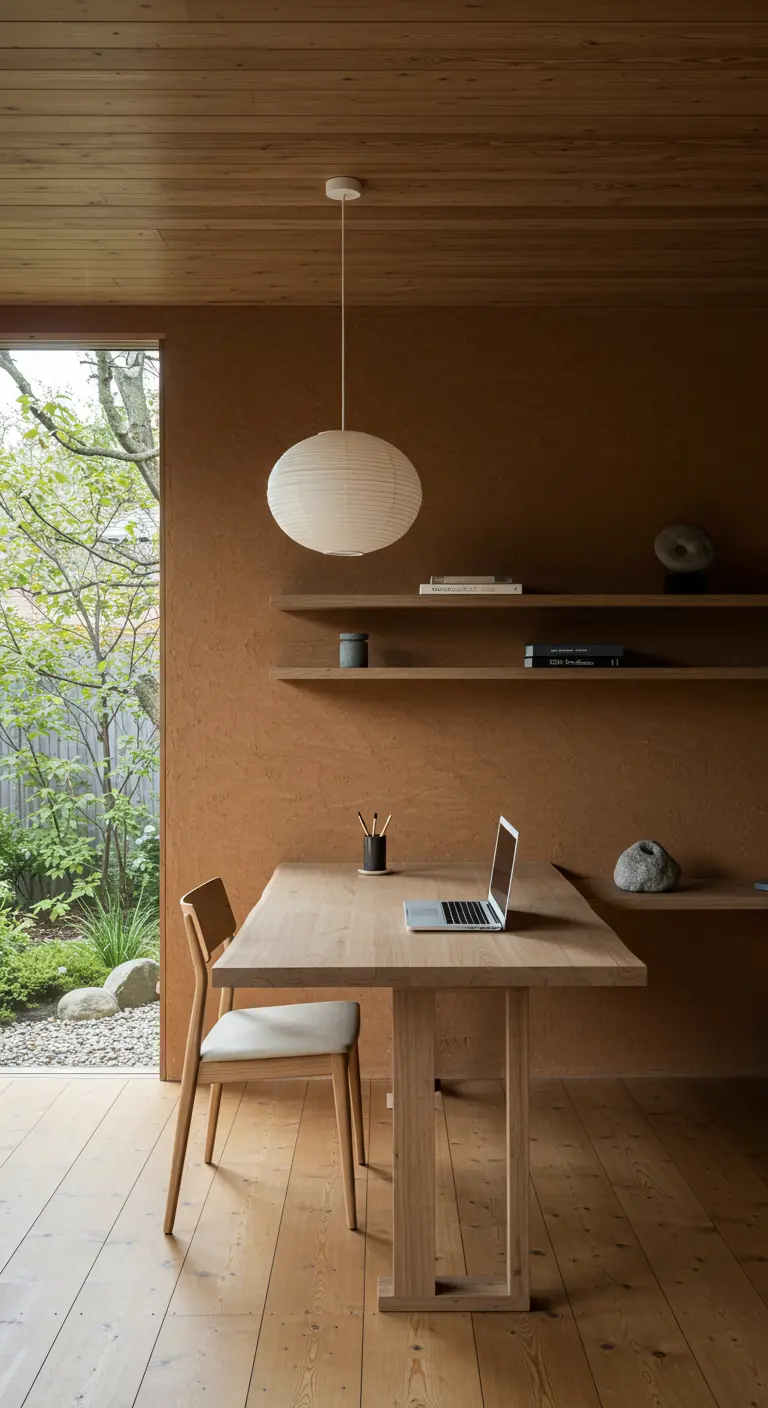 Zona de trabajo de estilo wabi-sabi con escritorio de madera y paredes color tierra.