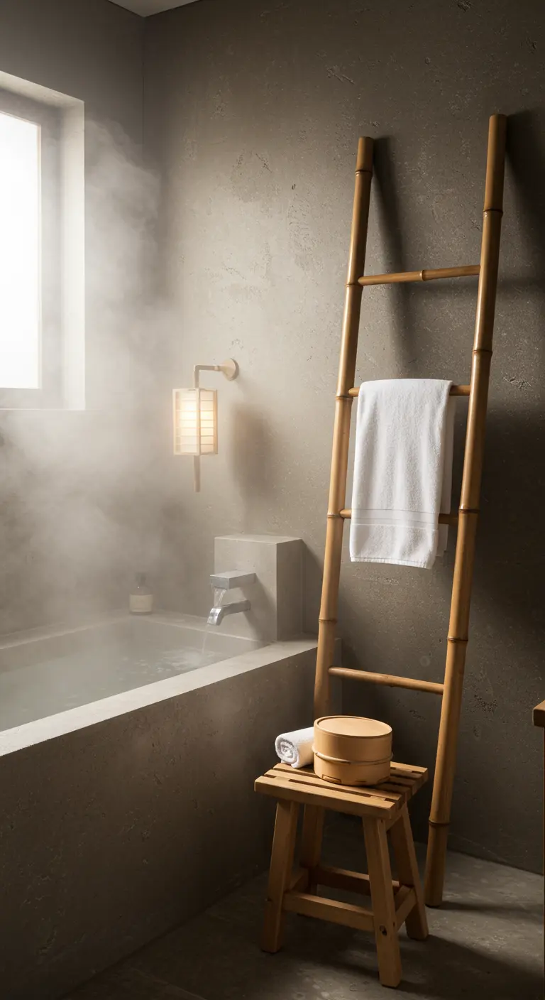 Baño de estilo japonés con bañera profunda, escalera de bambú como toallero y ambiente de vapor.