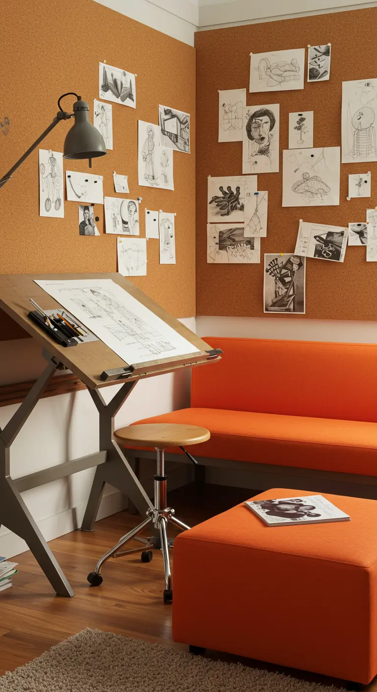Estudio creativo con paredes de corcho, mesa de dibujo y un sofá naranja.