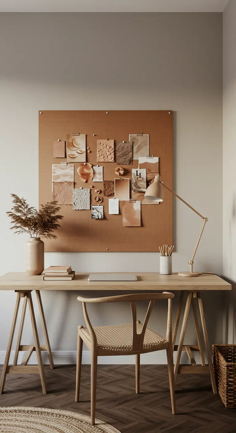 Zona de trabajo con un gran moodboard de texturas en tonos tierra sobre el escritorio