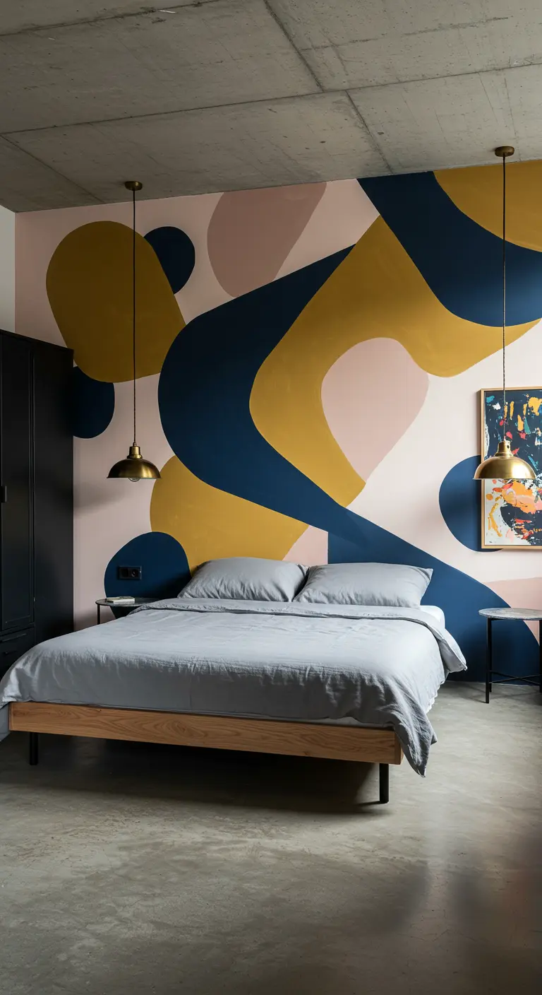 Mural abstracto con formas orgánicas en azul, mostaza y rosa pintado en la pared detrás de la cama