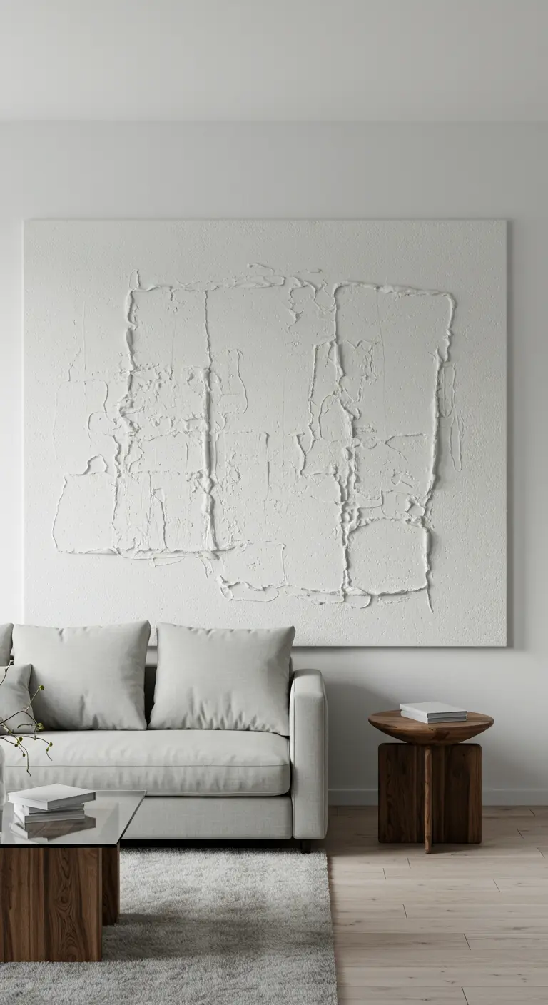 Sala de estar minimalista con un gran cuadro de arte texturizado en blanco sobre un sofá gris.
