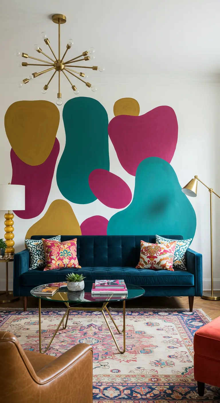 Mural de pared con formas orgánicas de colores vivos detrás de un sofá de terciopelo azul.