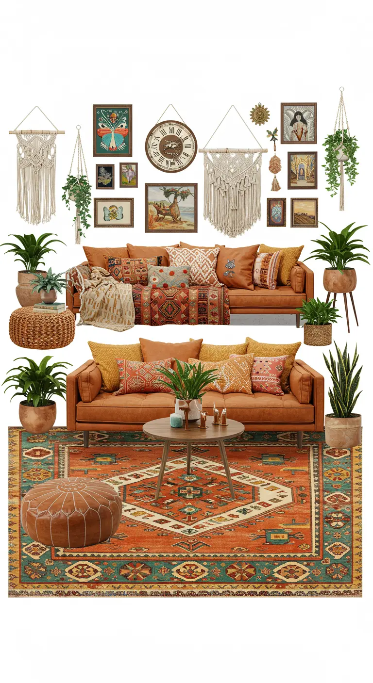 Moodboard de decoración bohemia con una alfombra de patrones geométricos en tonos tierra como elemento central.