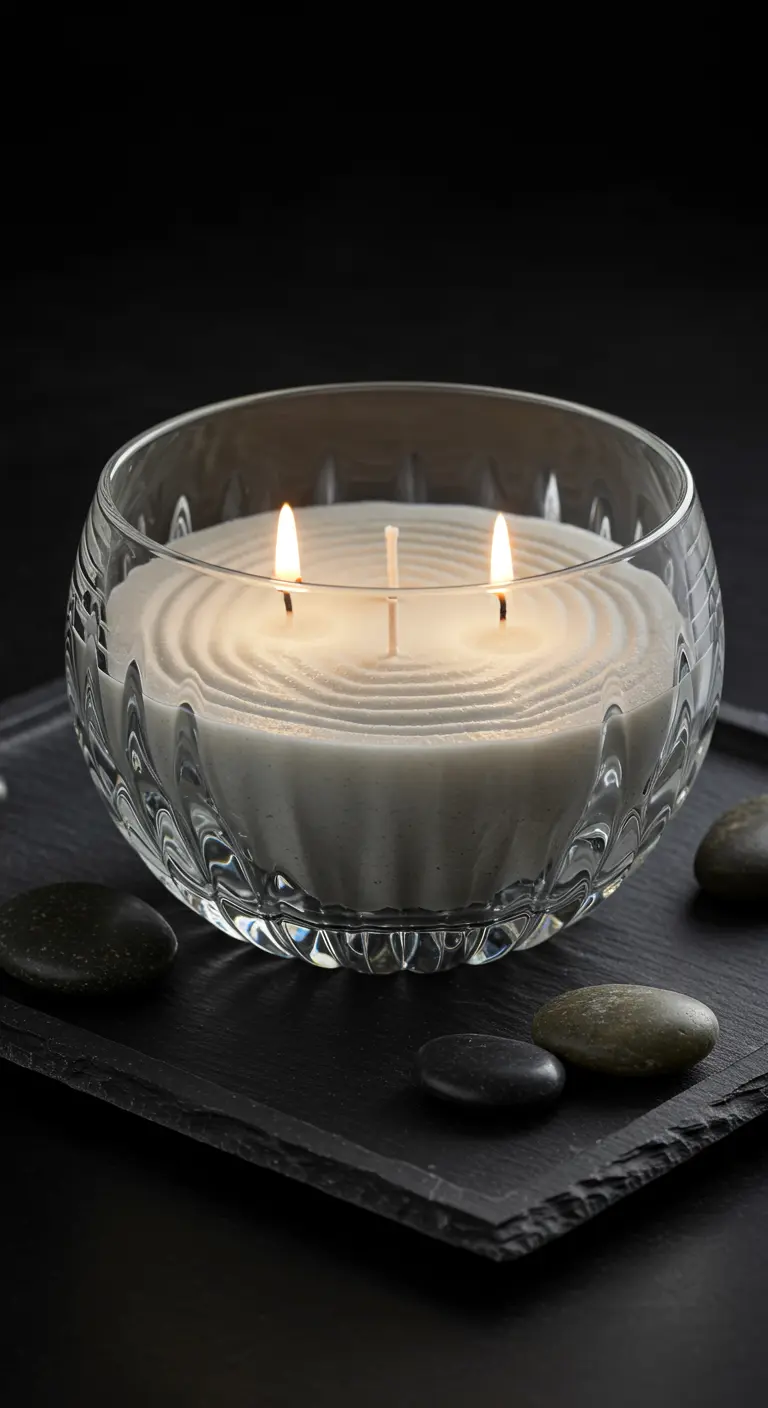 Vela blanca con tres mechas en un cuenco de cristal bajo, con la superficie texturizada como arena zen