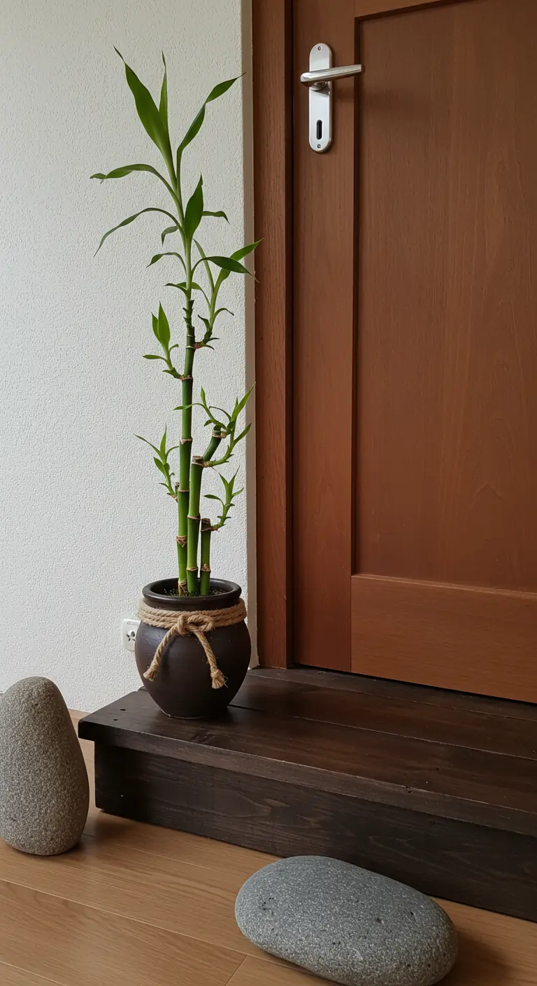 Rincón zen con una planta de bambú en una maceta oscura, un escalón de madera y piedras de río lisas.
