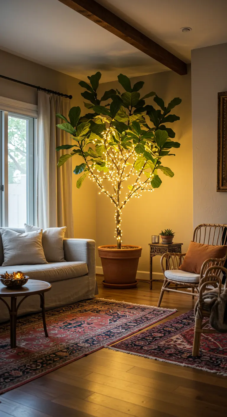 Planta grande de interior en una maceta, con sus ramas iluminadas por luces de hadas