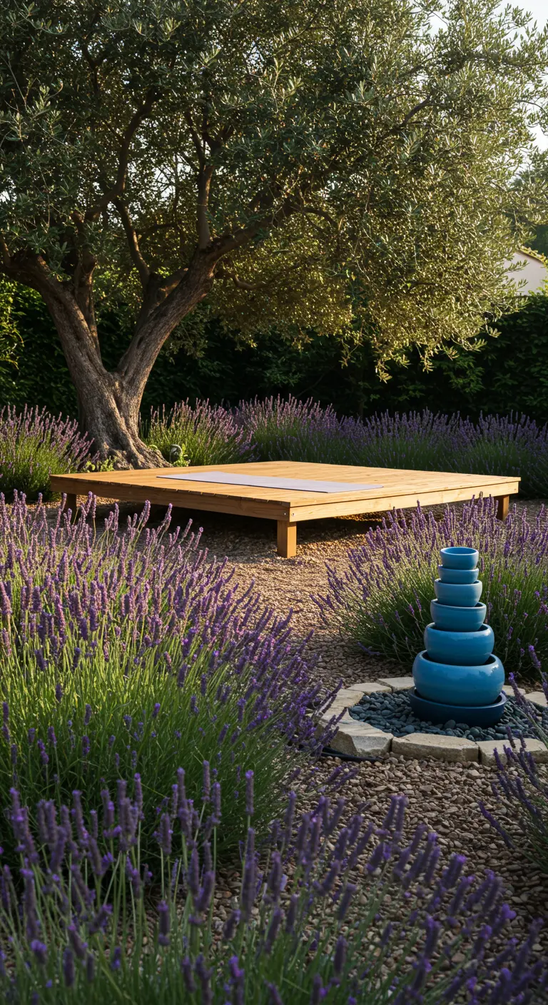 Tarima de madera para yoga en medio de un campo de lavanda, con un olivo y una escultura de cerámica azul
