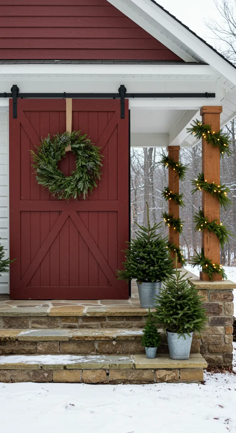 Puerta de granero roja decorada para Navidad con una corona de pino y luces en el porche nevado.