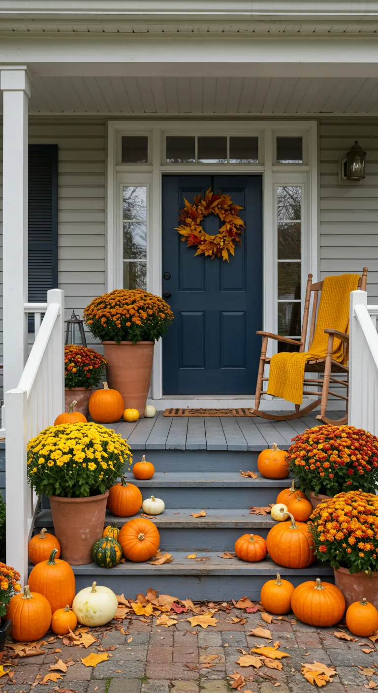 Escalones de porche decorados con calabazas, crisantemos y hojas de otoño para una escena otoñal.