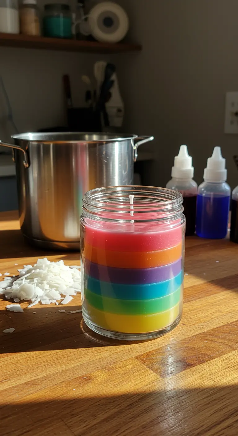 Vela casera con capas de colores del arcoíris en un frasco de vidrio sobre una mesa de madera.