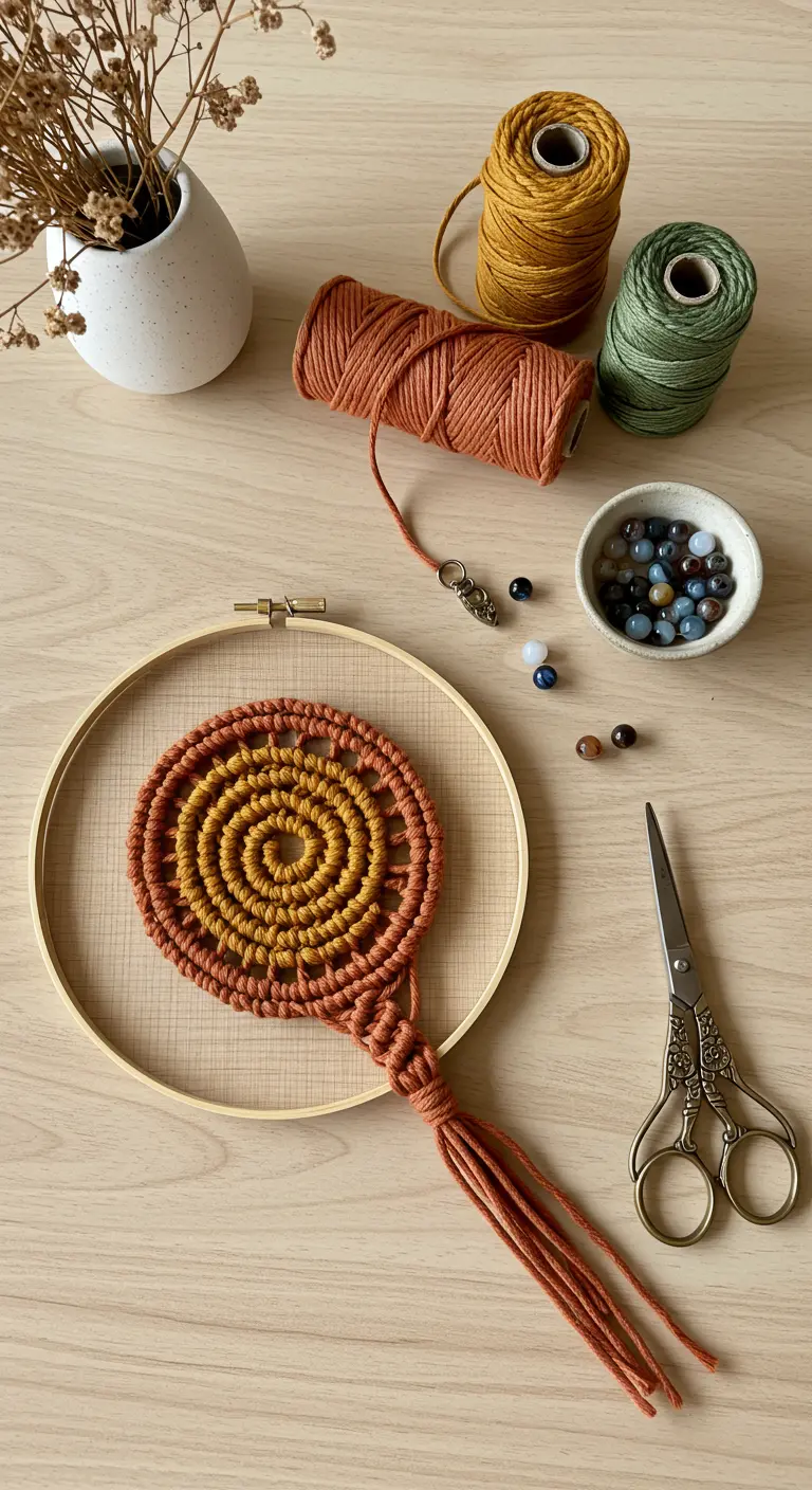 Kit de macramé para atrapasueños con hilos de colores y un bastidor de bordado sobre una mesa.