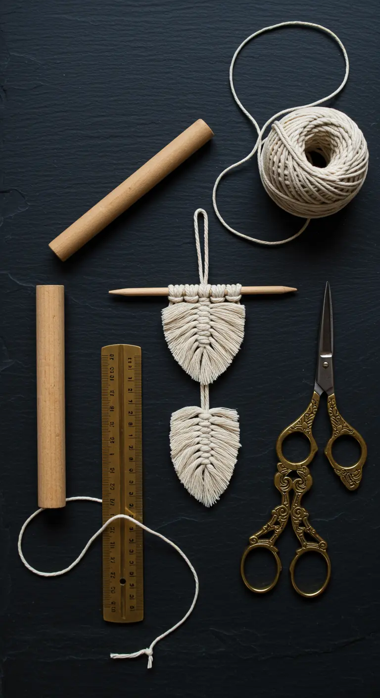 Materiales básicos de macramé (cuerda, tijeras, regla) junto a un pequeño colgante de dos hojas